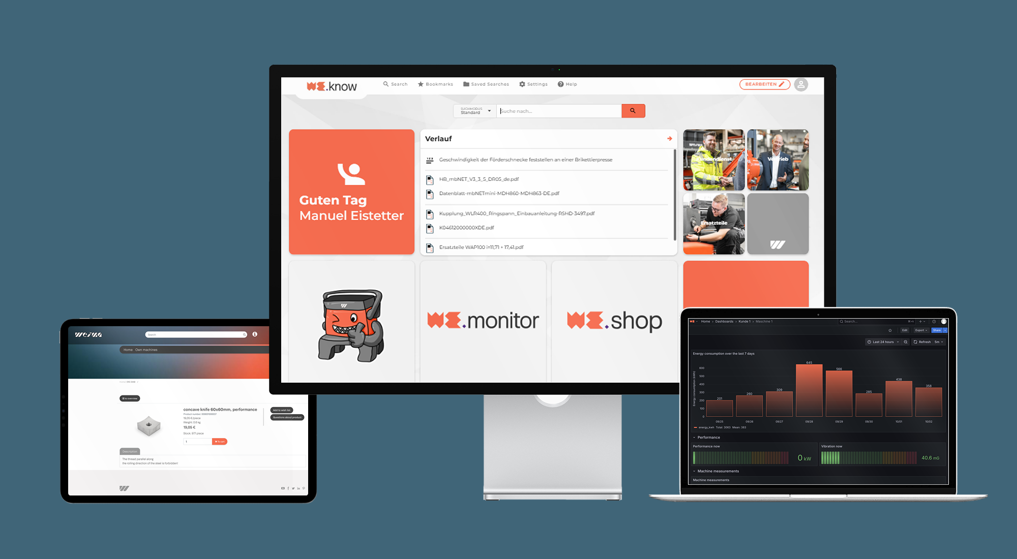 Drei Monitore nebeneinander, mit WE.monitor, WE.shop und WE.know Screenhots