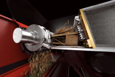 Gerendertes Bild des Zerkleinerungsprozesses mit Schublade, Rotor, Sieb und zerkleinertem Holz