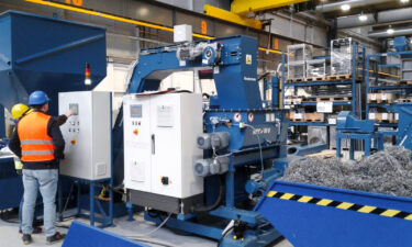Blue weima metal briquette press next to loose steel turnings