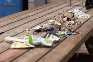 Different material states of the post-consumer recycling process from raw material to granules